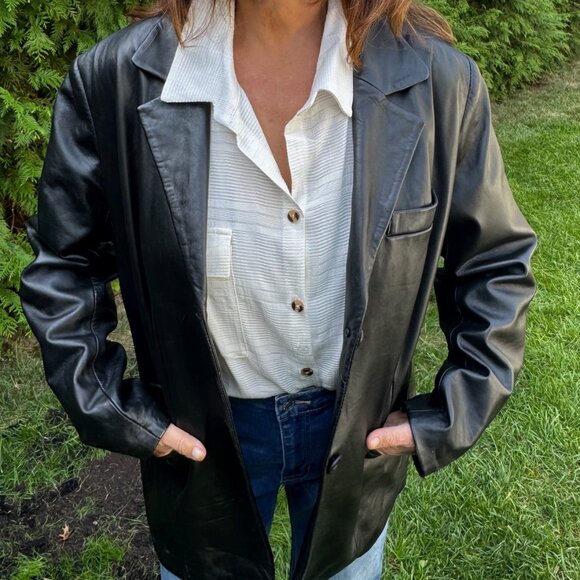 Ladies Black Leather Blazer Size L - Picture 1 of 7